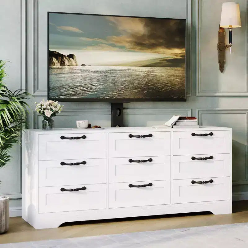 Mobile TV con supporto per TV da 55 pollici, mobile credenza a 9 cassetti con contenitore, console media moderna in legno per soggiorno e camera da letto