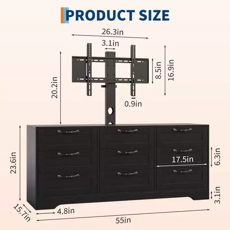 Mobile TV con supporto per TV da 55 pollici, mobile credenza a 9 cassetti con contenitore, console media moderna in legno per soggiorno e camera da letto