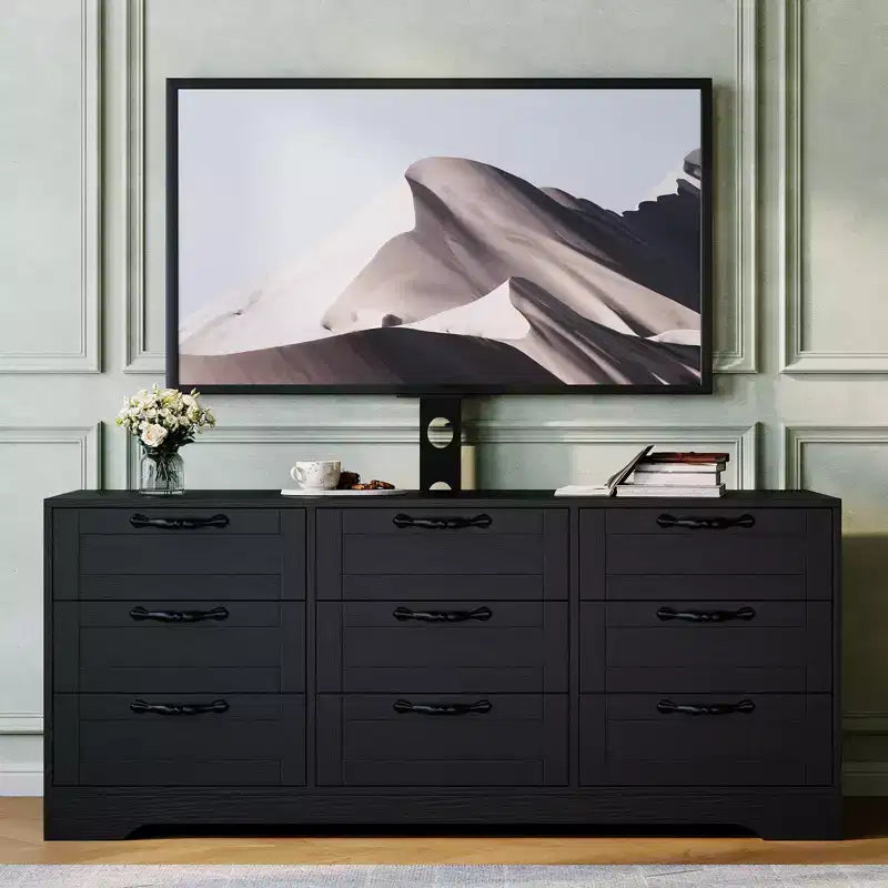 Mobile TV con supporto per TV da 55 pollici, mobile credenza a 9 cassetti con contenitore, console media moderna in legno per soggiorno e camera da letto