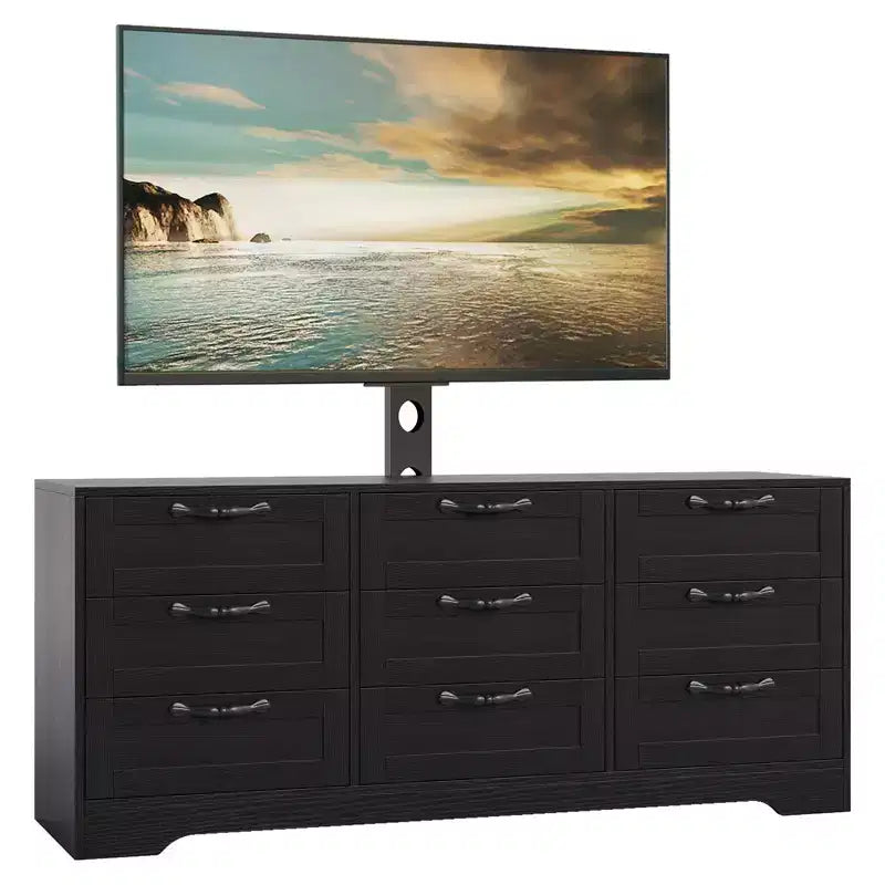 Mobile TV con supporto per TV da 55 pollici, mobile credenza a 9 cassetti con contenitore, console media moderna in legno per soggiorno e camera da letto