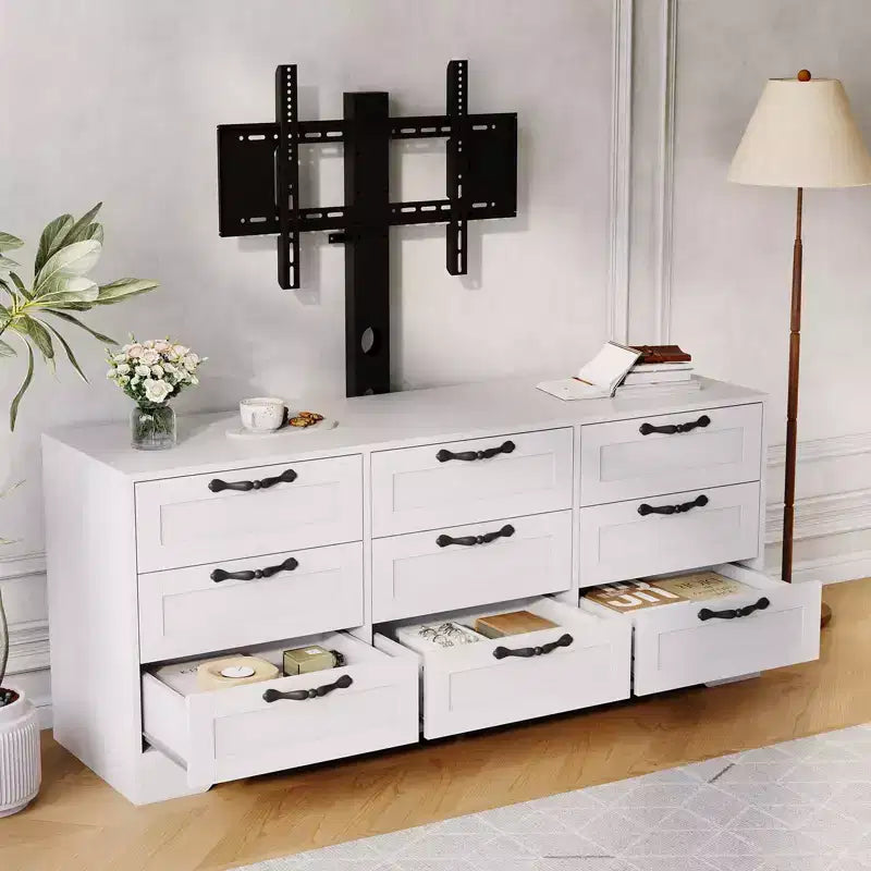 Mobile TV con supporto per TV da 55 pollici, mobile credenza a 9 cassetti con contenitore, console media moderna in legno per soggiorno e camera da letto