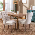 FurnitureR Set di 2 sedie da pranzo imbottite con schienale trapuntato, borchie decorative e gambe in legno, sedie accentate color crema francese per sala da pranzo e soggiorno