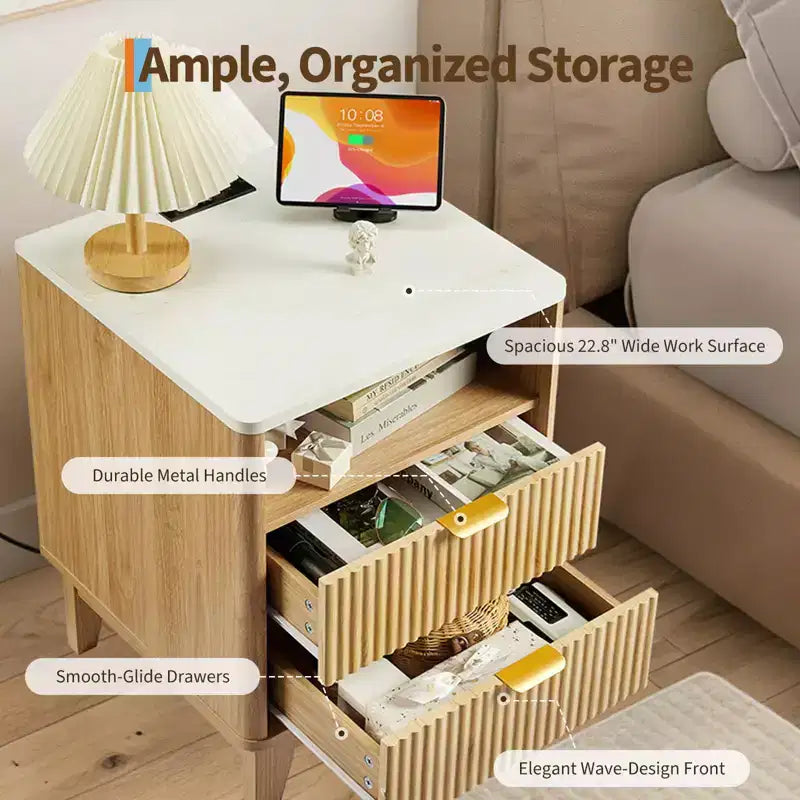 Comodino con stazione di ricarica, tavolino da letto a 2 cassetti con USB-C, prese CA, ripiano aperto e contenitore per camera da letto