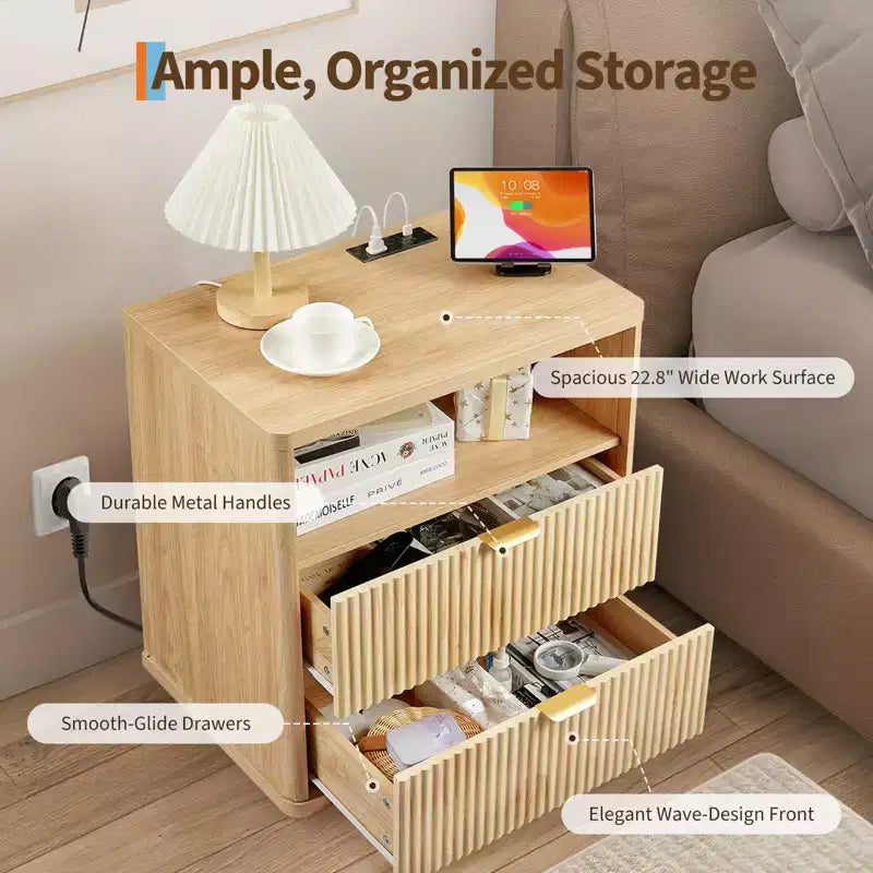 Comodino con stazione di ricarica, tavolino da letto a 2 cassetti con USB-C, prese CA, ripiano aperto e contenitore per camera da letto