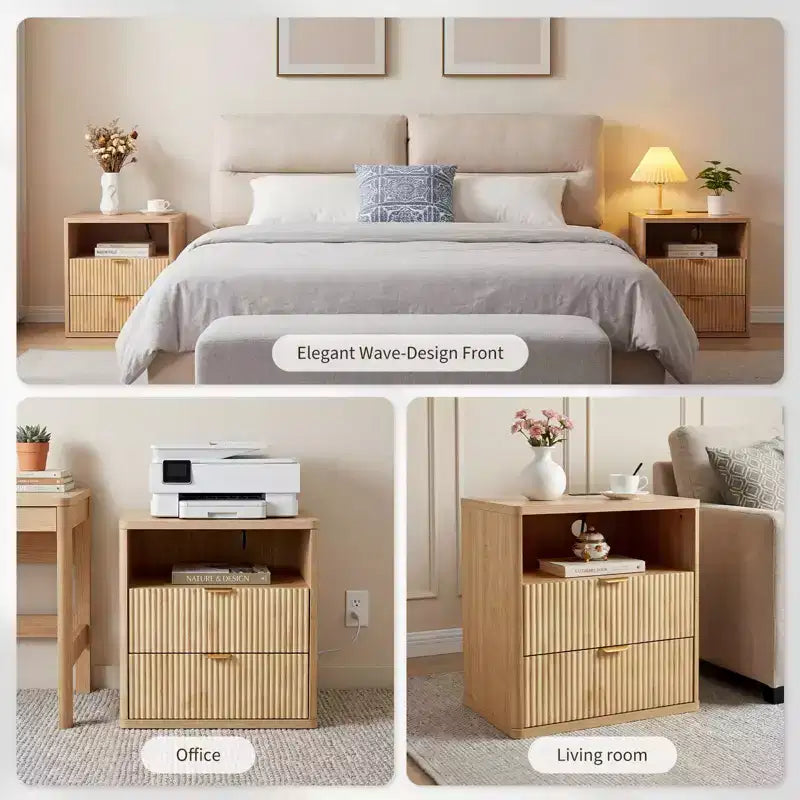 Comodino con stazione di ricarica, tavolino da letto a 2 cassetti con USB-C, prese CA, ripiano aperto e contenitore per camera da letto