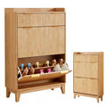 Narrow Fluted Shoe Cabinet with Hidden Storage, 2 Flip Drawers, Top Drawer and Adjustable Shelf - Natural
