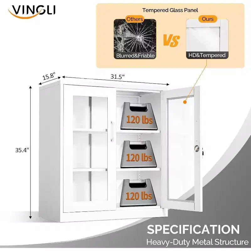 VETRINA VINGLI con serratura, anta in vetro e 3 ripiani, armadietto in metallo da 35,5" H, vetrinetta per liquori, libreria