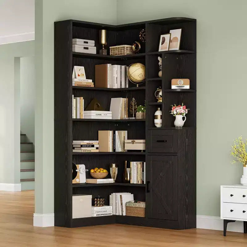 Scaffale angolare alto 74", libreria a 6 ripiani a L con cassetto e armadietti, moderno scaffale a giorno per soggiorno, ufficio e casa