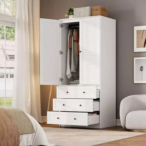 69.5 Tall White Armoire Wardrobe Closet w/ Drawers & Louvered Doors, Wooden Large Capacity Clothing Storage Cabinet & Hanging Rod for Bedroom