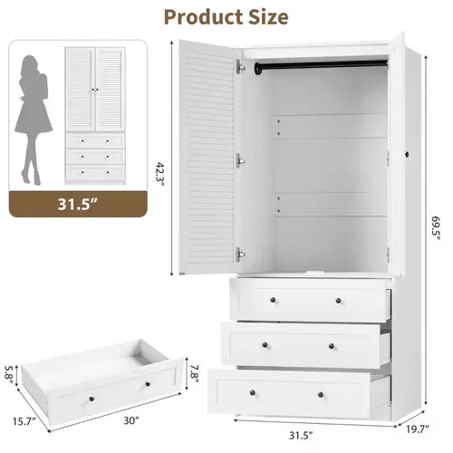 Armadio Armadio Alto Bianco 176,5 cm con Cassetti e Ante a Persiana, Armadio Guardaroba Grande in Legno con Asta Appendini per Camera da Letto