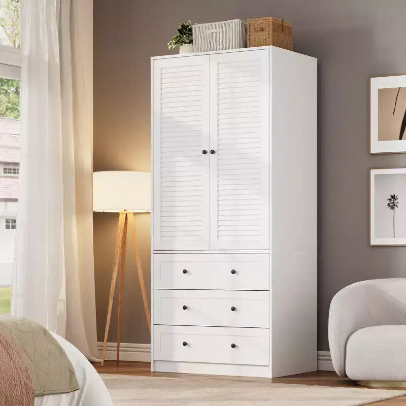 Armadio Armadio Alto Bianco 176,5 cm con Cassetti e Ante a Persiana, Armadio Guardaroba Grande in Legno con Asta Appendini per Camera da Letto