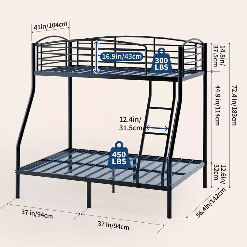 Letto a castello Twin Over Full, in metallo con scaletta e ringhiera, resistente, bordi arrotondati e lisci, design salvaspazio, ideale per dormitori e camere piccole