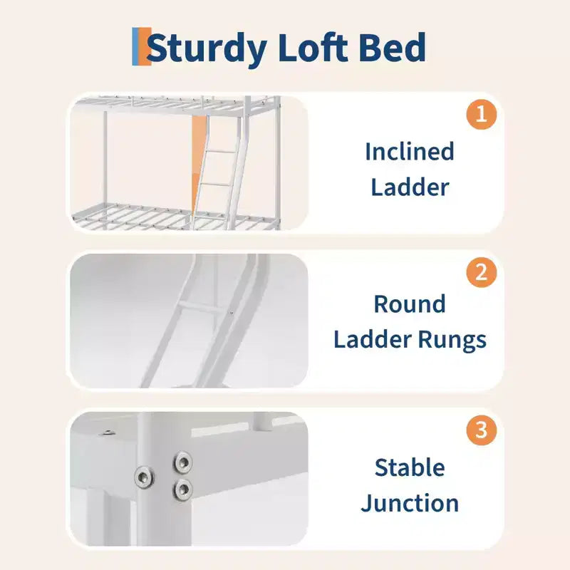 Letto a castello Twin Over Full, in metallo con scaletta e ringhiera, resistente, bordi arrotondati e lisci, design salvaspazio, ideale per dormitori e camere piccole