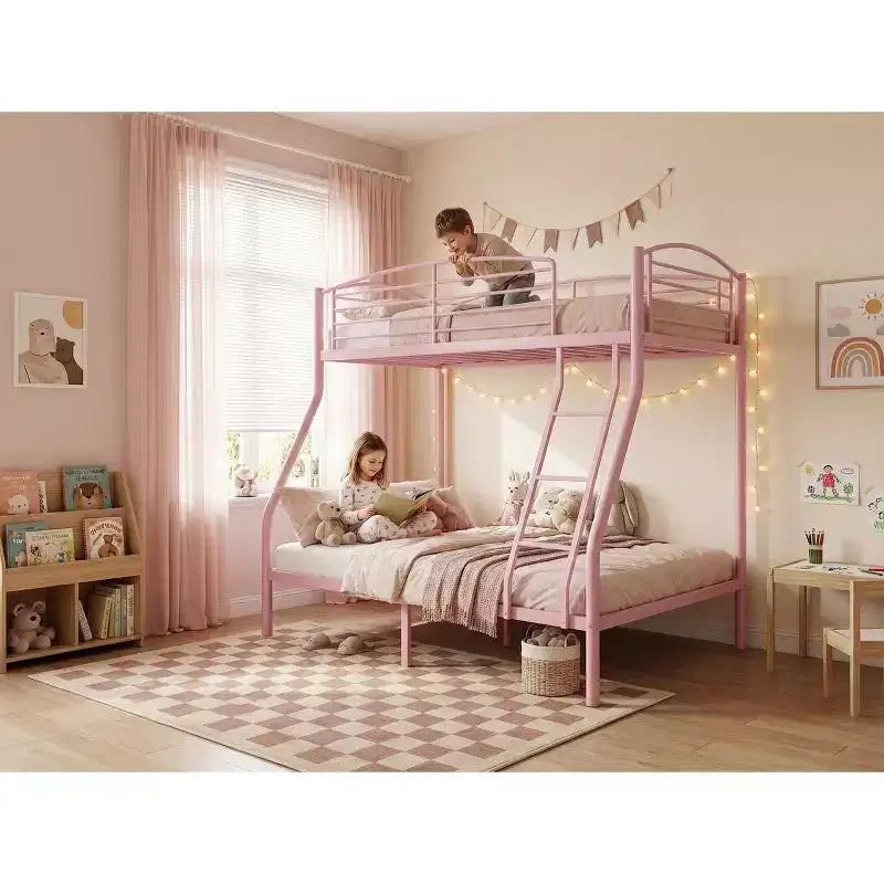 Letto a castello Twin Over Full, in metallo con scaletta e ringhiera, resistente, bordi arrotondati e lisci, design salvaspazio, ideale per dormitori e camere piccole