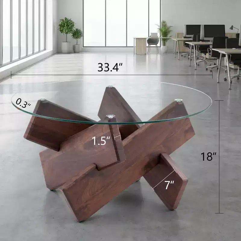 JVNOXK 33.4 Tavolino da caffè Rotondo in Vetro, Tavolo Moderno in Vetro Temperato con Gambe in MDF Noce per Soggiorno e Sala da Pranzo