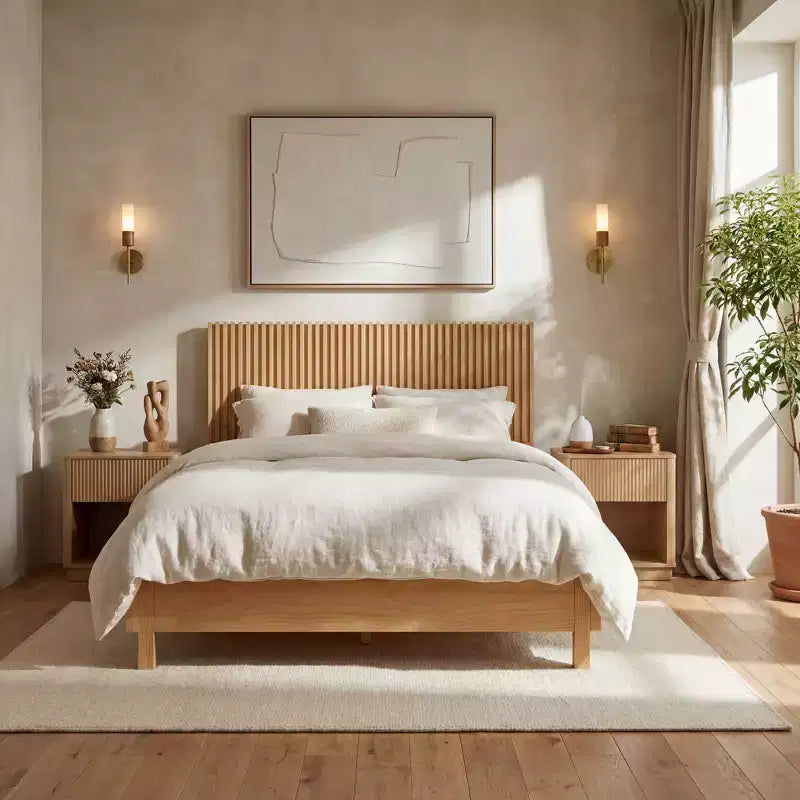 ModernLuxe Letto a piattaforma Queen/King Size con testiera a doghe verticali Letto rustico moderno, nessuna base a molle necessaria
