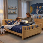 JVNOXK Full Size Wood Platform Bed for Kids, Wood Low Profile Full Bed with Rails for Girls and Boys, Natural