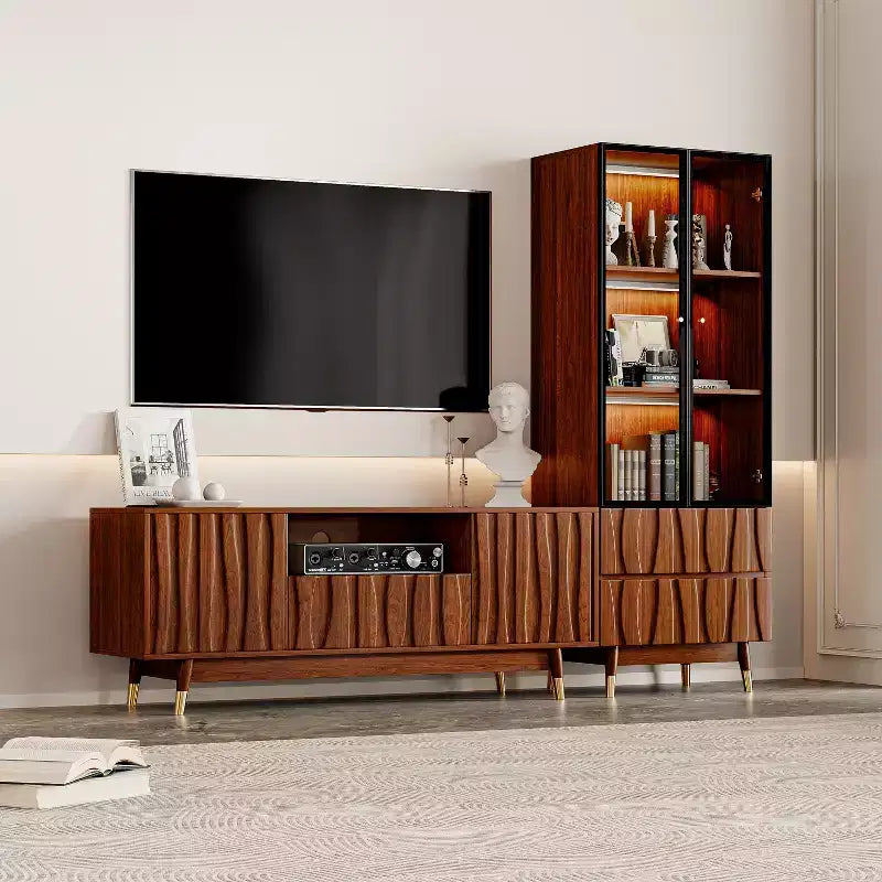 ATJafurn Walnut Mid-century Modern TV Stand and 3-Tier Glass Display Cabinet with drawers , Brown Wooden Entertainment Center Set for Living Room