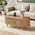 42.5 Oval Fluted Coffee Table with Charging Station, Mid-Century Center Table with Sliding Tambour Door for Living Room, Natural/Teak
