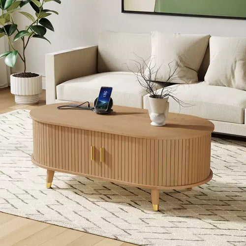 42.5 Oval Fluted Coffee Table with Charging Station, Mid-Century Center Table with Sliding Tambour Door for Living Room, Natural/Teak