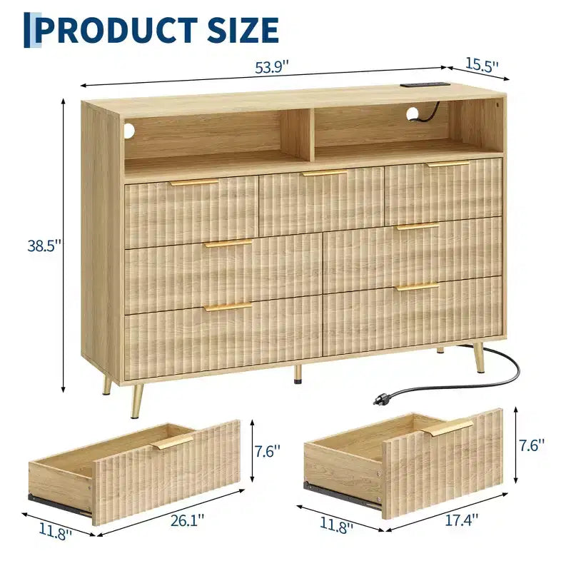 Comò a 7 cassetti scanalato, largo 137 cm, cassettiera moderna con luci a LED e stazione di ricarica, maniglie dorate, contenitore a giorno
