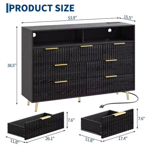 Commode à 7 tiroirs cannelés de 137 cm de large, commode moderne avec lumières LED et station de charge, poignées dorées, rangement à étagères ouvertes