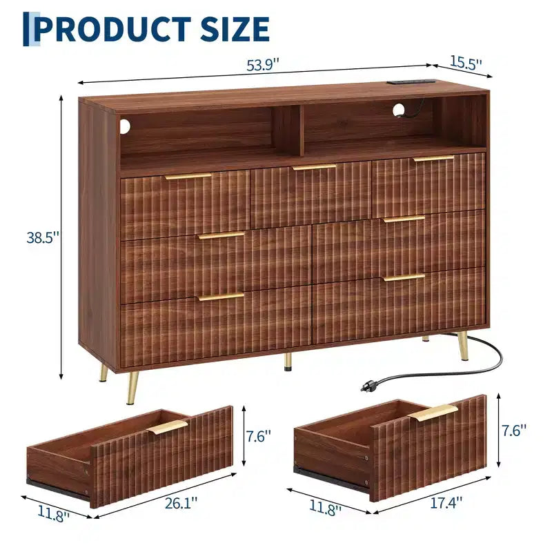 Comò a 7 cassetti scanalato, largo 137 cm, cassettiera moderna con luci a LED e stazione di ricarica, maniglie dorate, contenitore a giorno