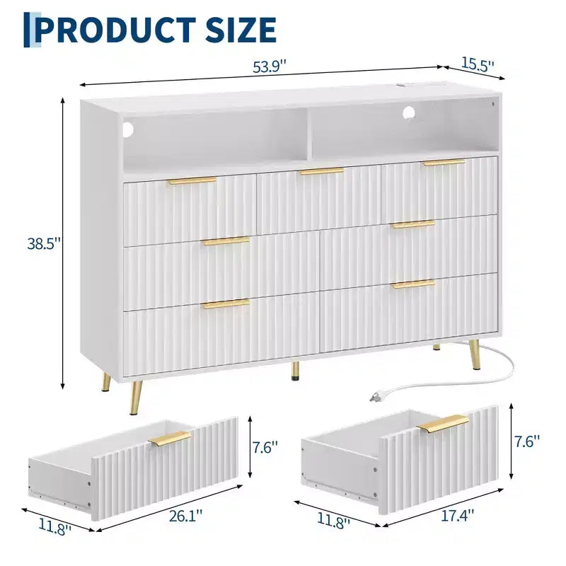 Comò a 7 cassetti scanalato, largo 137 cm, cassettiera moderna con luci a LED e stazione di ricarica, maniglie dorate, contenitore a giorno