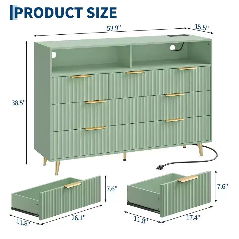 Comò a 7 cassetti scanalato, largo 137 cm, cassettiera moderna con luci a LED e stazione di ricarica, maniglie dorate, contenitore a giorno