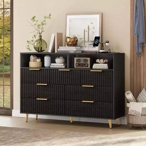 54-Inch Wide Fluted 7 Drawer Dresser, Modern Chest of Drawers with LED Lights and Charging Station, Gold Handles, Open Shelf Storage