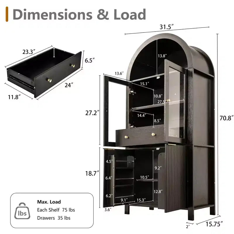 Dispensa da cucina alta ad arco e scanalata Zeus & Ruta 71 con anta in vetro, ripiani regolabili, cassetto nascosto