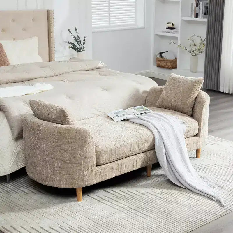 GDFStudio Agnes Modern 77 Chaise longue in ciniglia con struttura in legno di gomma e 2 cuscini a rullo