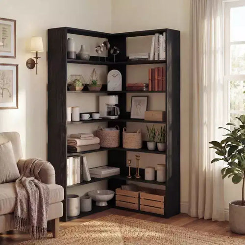 Étagère d'Angle à 6 Niveaux, Bibliothèque d'Angle Rustique en Bois avec Rangement Ouvert, Étagère de Présentation en Forme de L pour Salon, Chambre, Bureau à Domicile