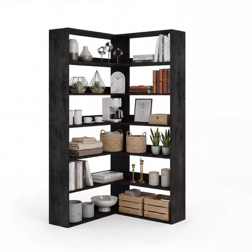 6-Tier Corner Bookshelf, Rustic Wood Corner Shelf Bookcase with Open Storage, L-Shaped Display Shelf for Living Room, Bedroom, Home Office