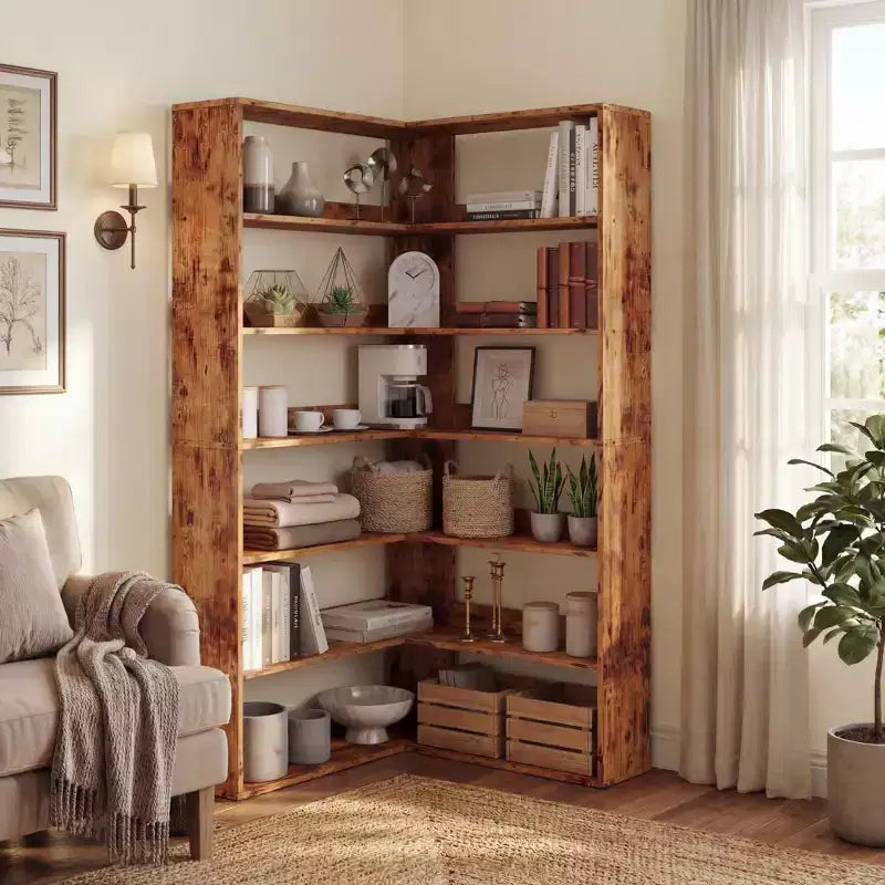 Libreria angolare a 6 ripiani, scaffale angolare rustico in legno con ripiani aperti, espositore a forma di L per soggiorno, camera da letto, ufficio domestico