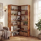 Libreria angolare a 6 ripiani, scaffale angolare rustico in legno con ripiani aperti, espositore a forma di L per soggiorno, camera da letto, ufficio domestico