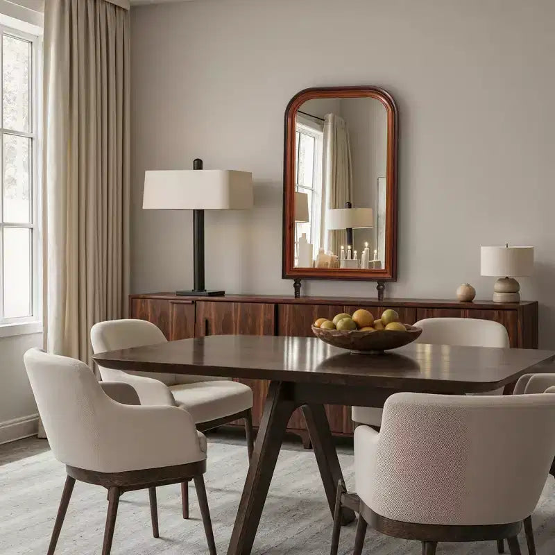 Specchio da parete rettangolare arrotondato moderno LuxenHome con cornice in legno di pino, 43,3 A x 23,62 L, grande specchio decorativo con cornice in legno marrone