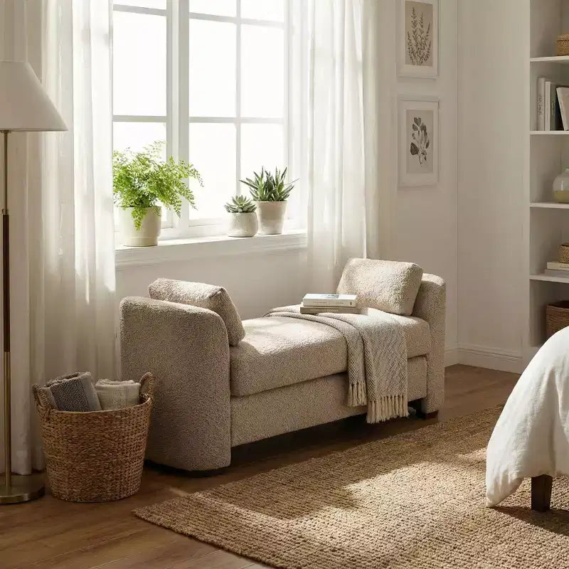 GDFStudio Jase Panca Moderna in Bouclé con Struttura in Legno di Gomma e Cuscini