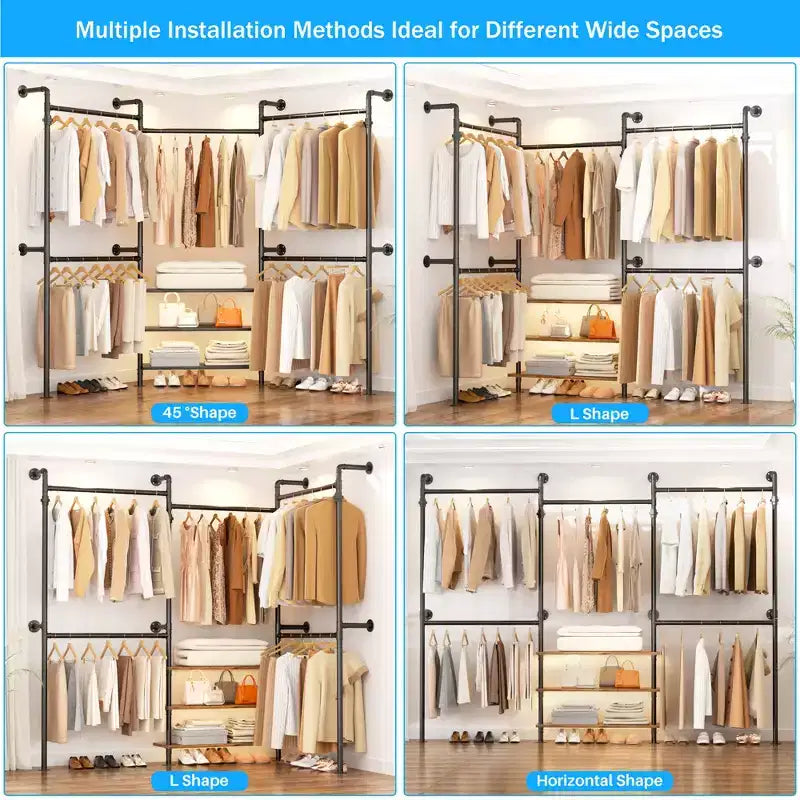 Besiost Industrial Pipe Clothing Rack, 2.2-3.3m Sistema di armadio a parete