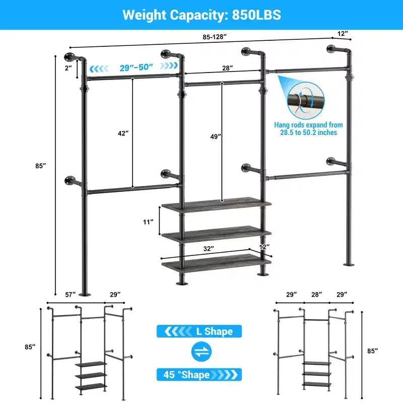 Besiost Industrial Pipe Clothing Rack, 2.2-3.3m Sistema di armadio a parete