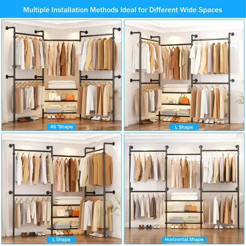 Besiost Industrial Pipe Clothing Rack, 2.2-3.3m Sistema di armadio a parete