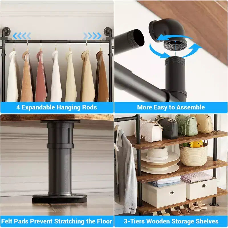 Besiost Industrial Pipe Clothing Rack, 2.2-3.3m Sistema di armadio a parete