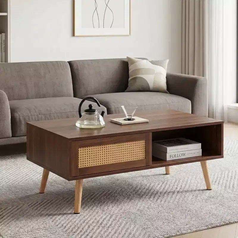Fun little toys brand PE Rattan Coffee table, Sliding Door for Storage, Solid Wood Legs, Modern Table for Living Room , Walnut Color