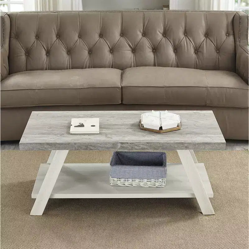 Fun little toys brand Athens Contemporary Two-Tone Wood Shelf Coffee Table in Weathered Gray and Beige