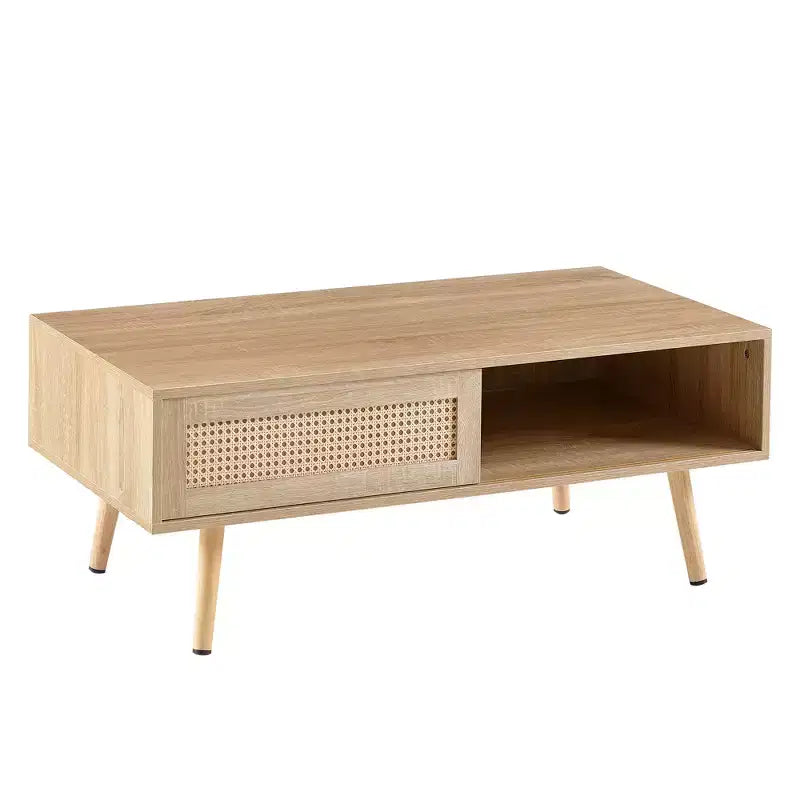 Fun little toys brand 41.34 Table basse en rotin, porte coulissante pour rangement, pieds en bois massif, table moderne pour salon, naturel