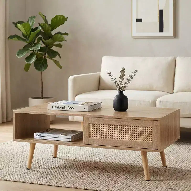 Fun little toys brand 41.34 Table basse en rotin, porte coulissante pour rangement, pieds en bois massif, table moderne pour salon, naturel