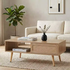 Fun little toys brand 41.34 Table basse en rotin, porte coulissante pour rangement, pieds en bois massif, table moderne pour salon, naturel