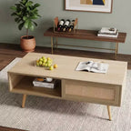 Fun little toys brand 41.34 Table basse en rotin, porte coulissante pour rangement, pieds en bois massif, table moderne pour salon, naturel