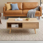 Fun little toys brand 41.34 Table basse en rotin, porte coulissante pour rangement, pieds en bois massif, table moderne pour salon, naturel
