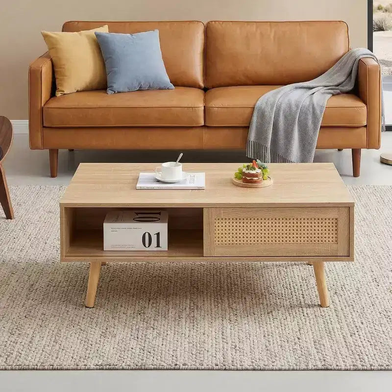 Fun little toys brand 41.34 Table basse en rotin, porte coulissante pour rangement, pieds en bois massif, table moderne pour salon, naturel